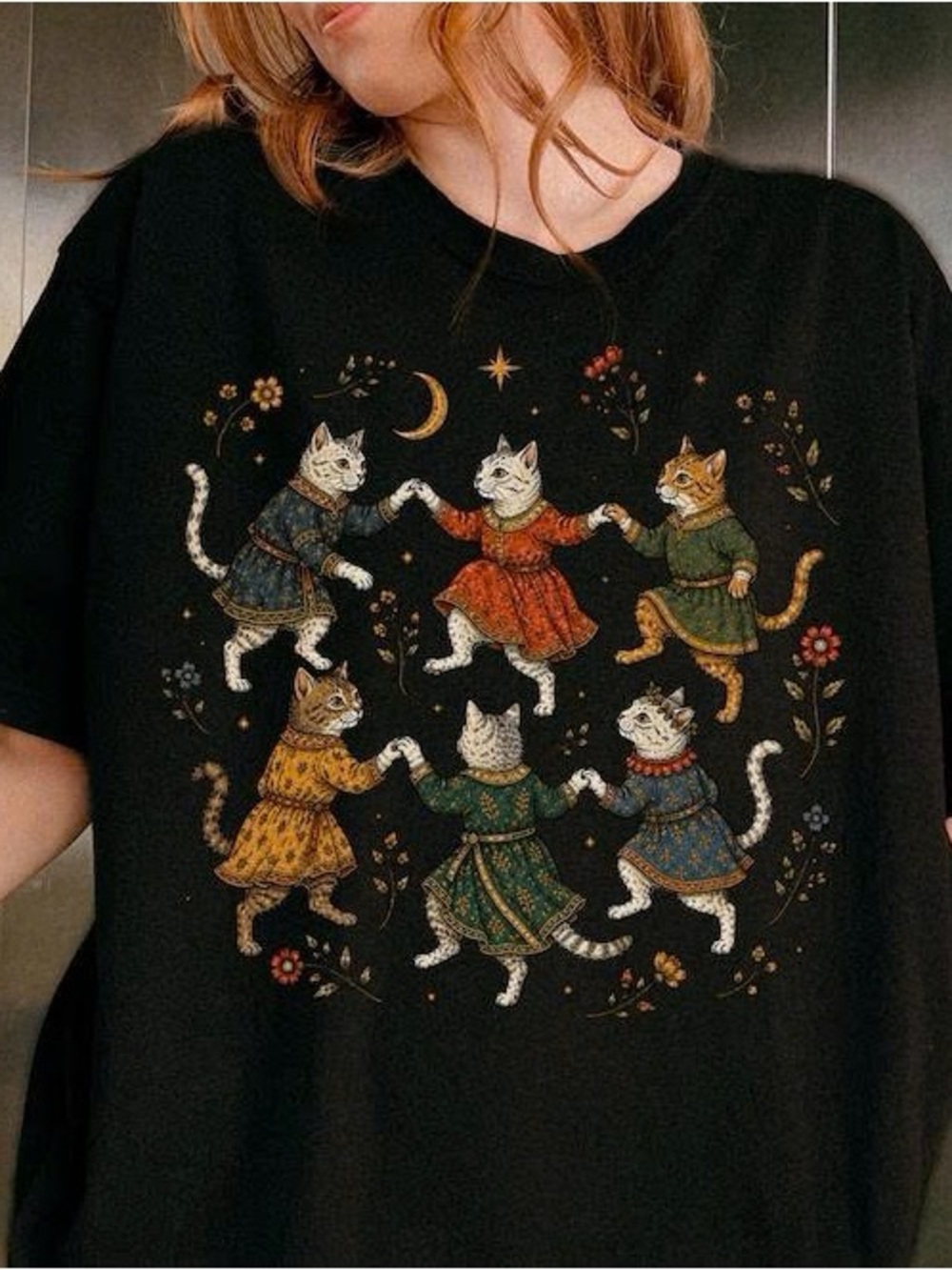 Gildan Black Tee with Colorful Dancing Cats
